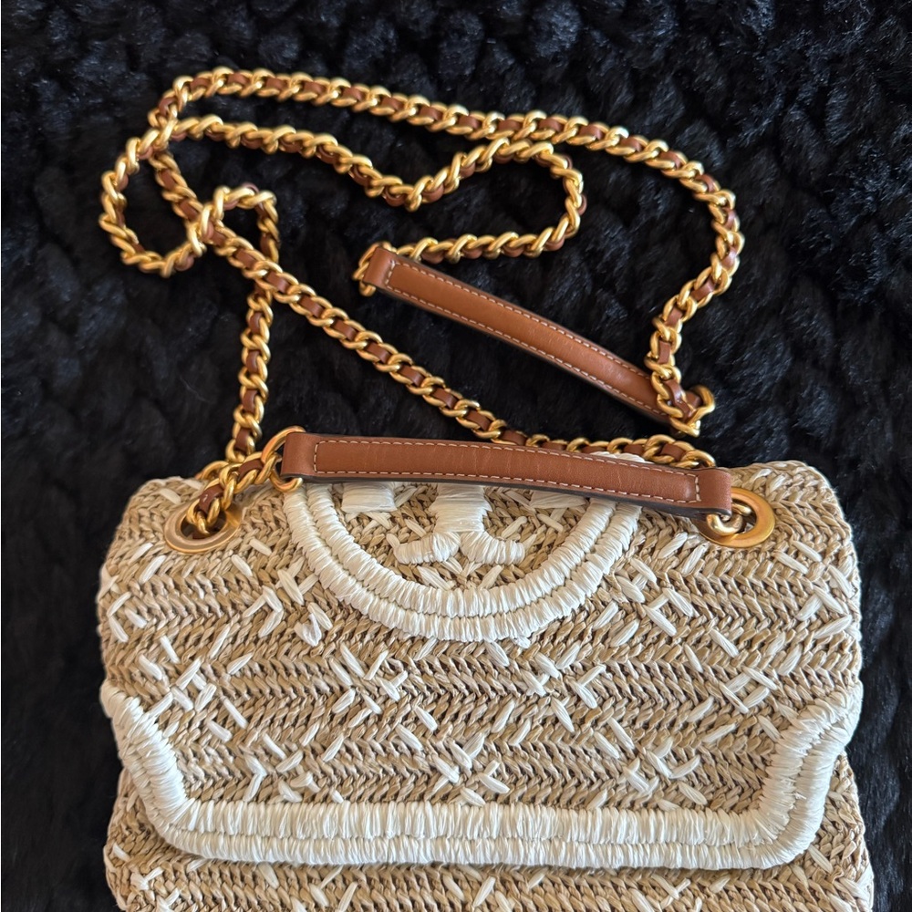 Tory Burch Beige and White Woven Crossbody Bag